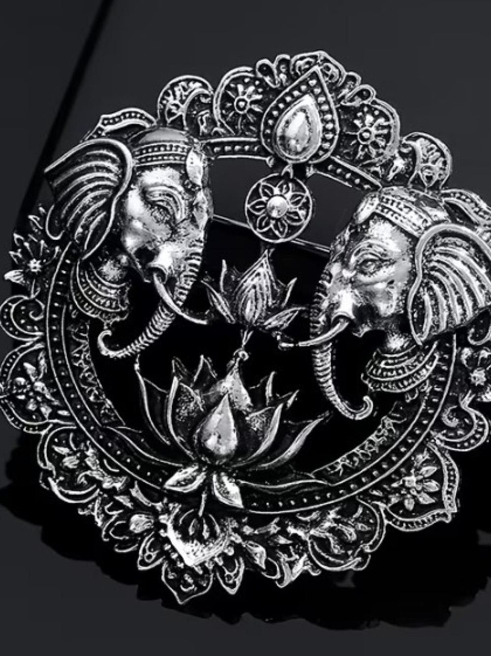 Ornate Elephant Lotus Silver-Tone Decorative Medallion Brooch